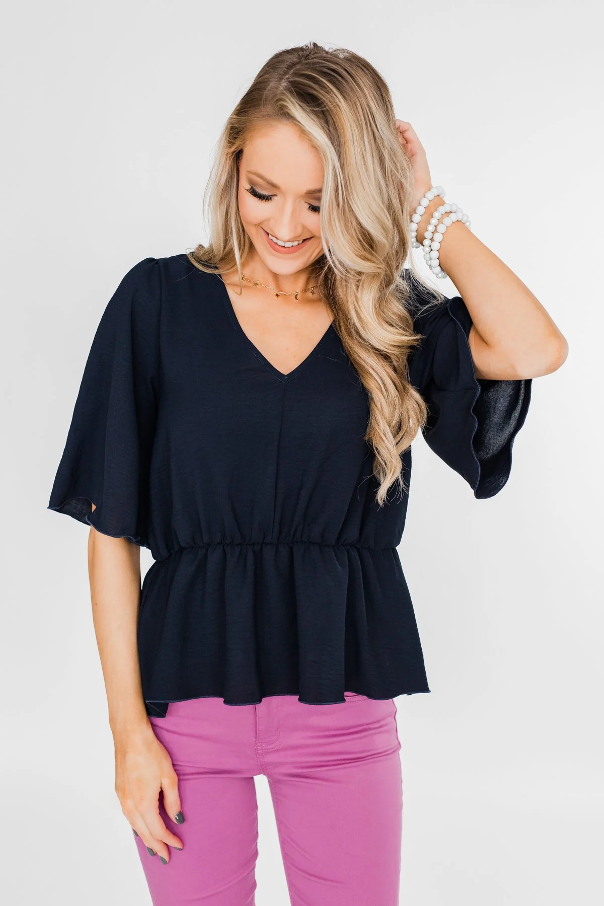 Hold You Tight Cinched Waist Blouse- Navy - Image 2