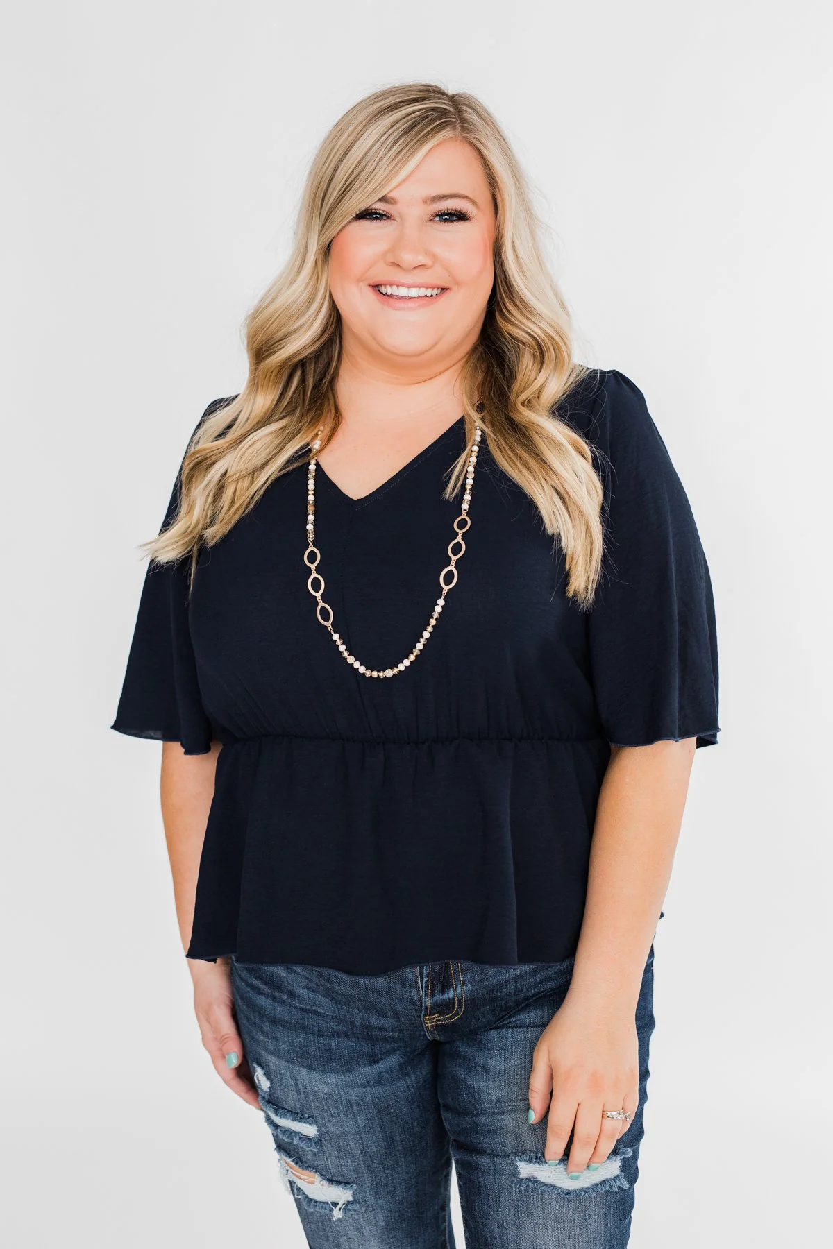 Hold You Tight Cinched Waist Blouse- Navy - Image 9