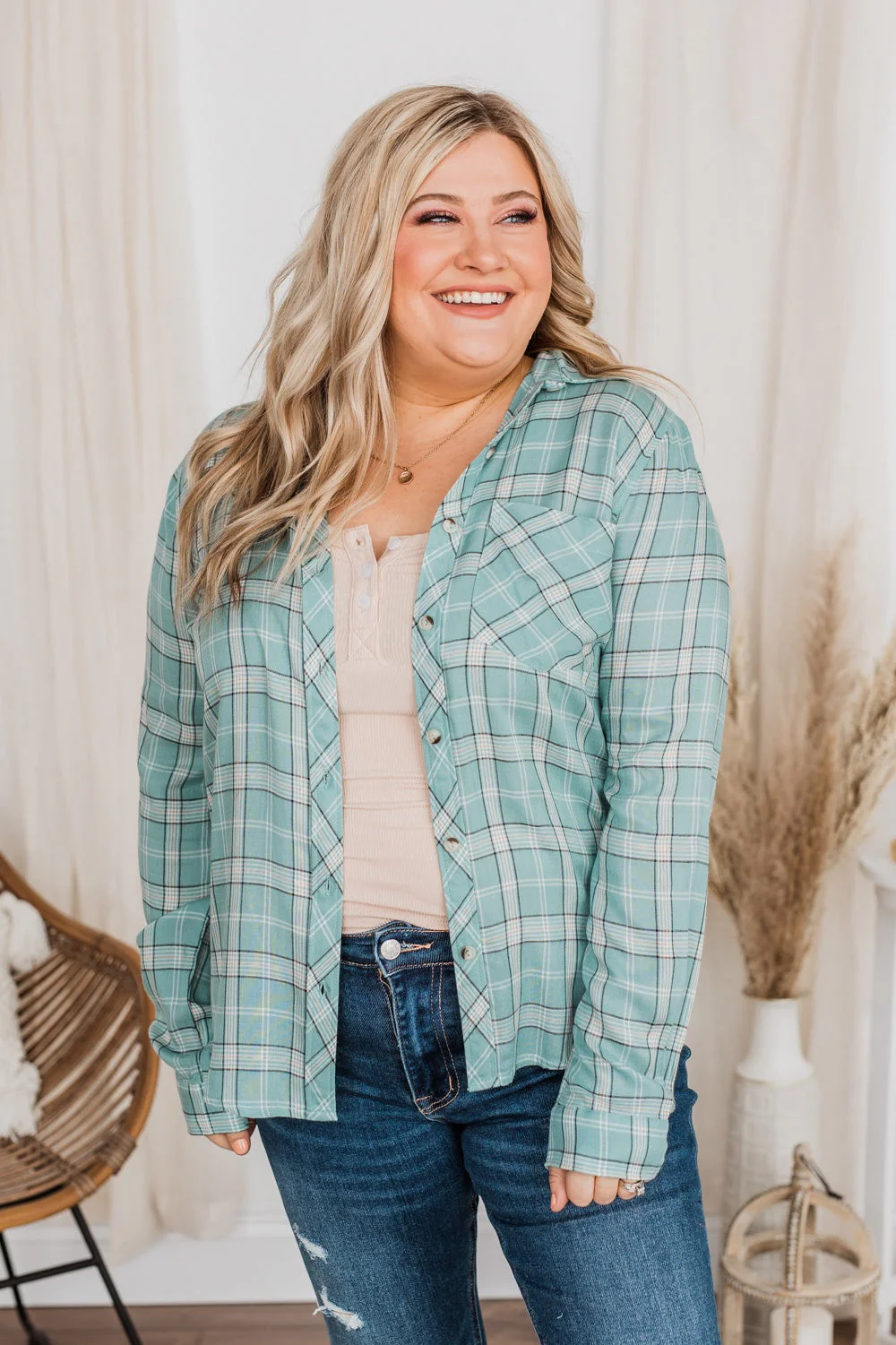 Holding Up My Own Plaid Top- Mint - Image 6
