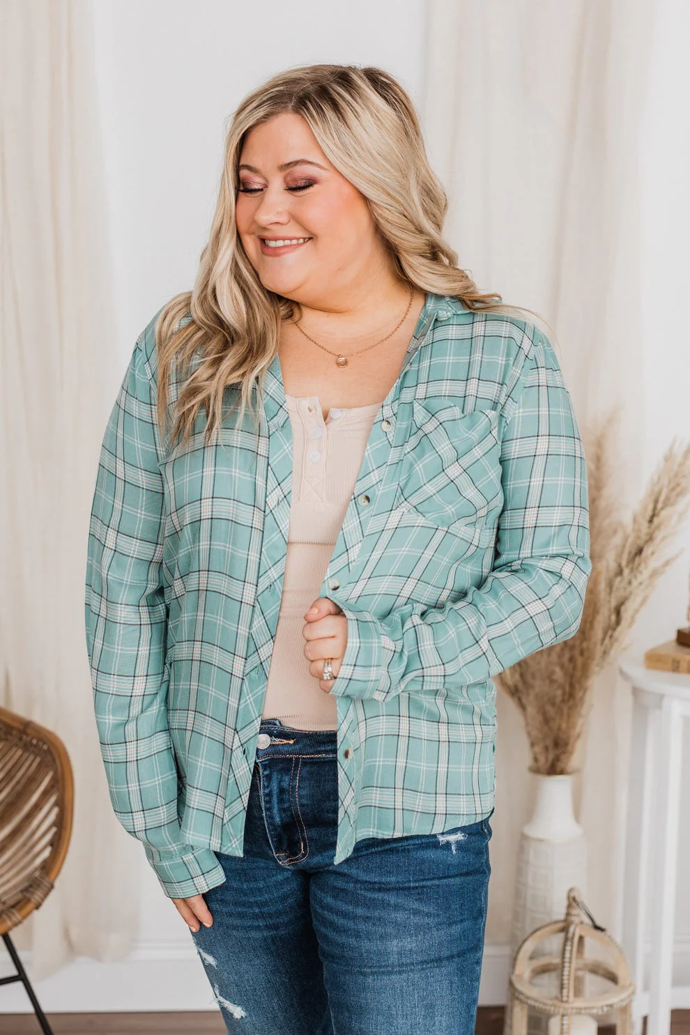 Holding Up My Own Plaid Top- Mint - Image 8