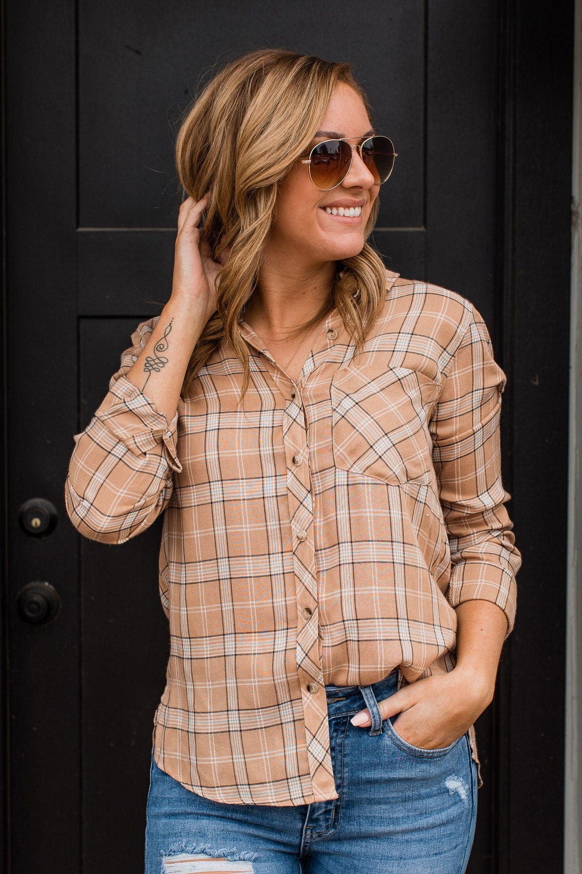 Holding Up My Own Plaid Top- Taupe - Image 6