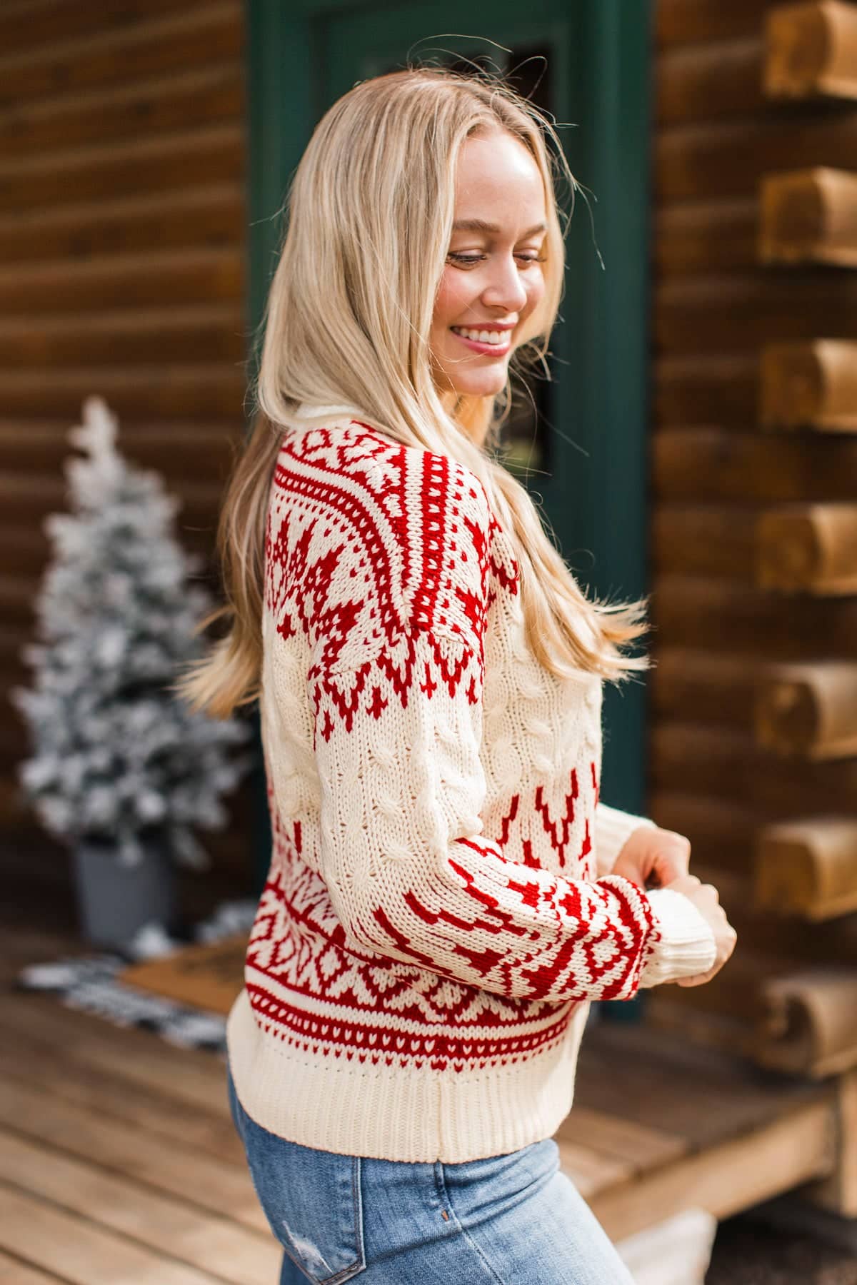 Holiday Festivities Fair Isle Knit Sweater- Cream & Red - Image 6