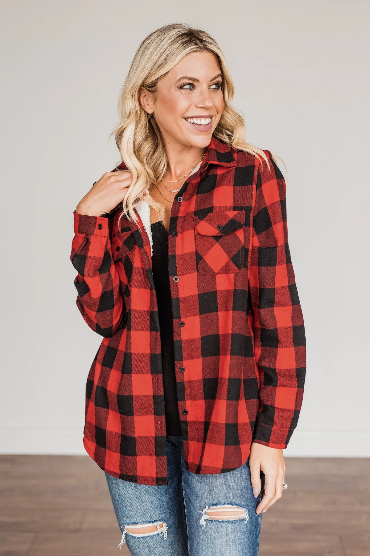 Holiday Wishes Plaid Button Down- Red & Black - Image 15