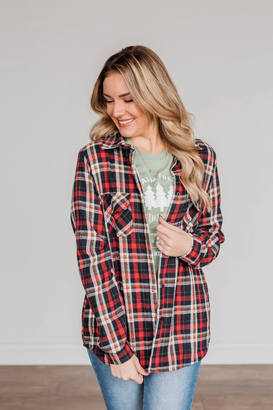Holiday Wishes Plaid Button Down- Red & Ivory - Image 2