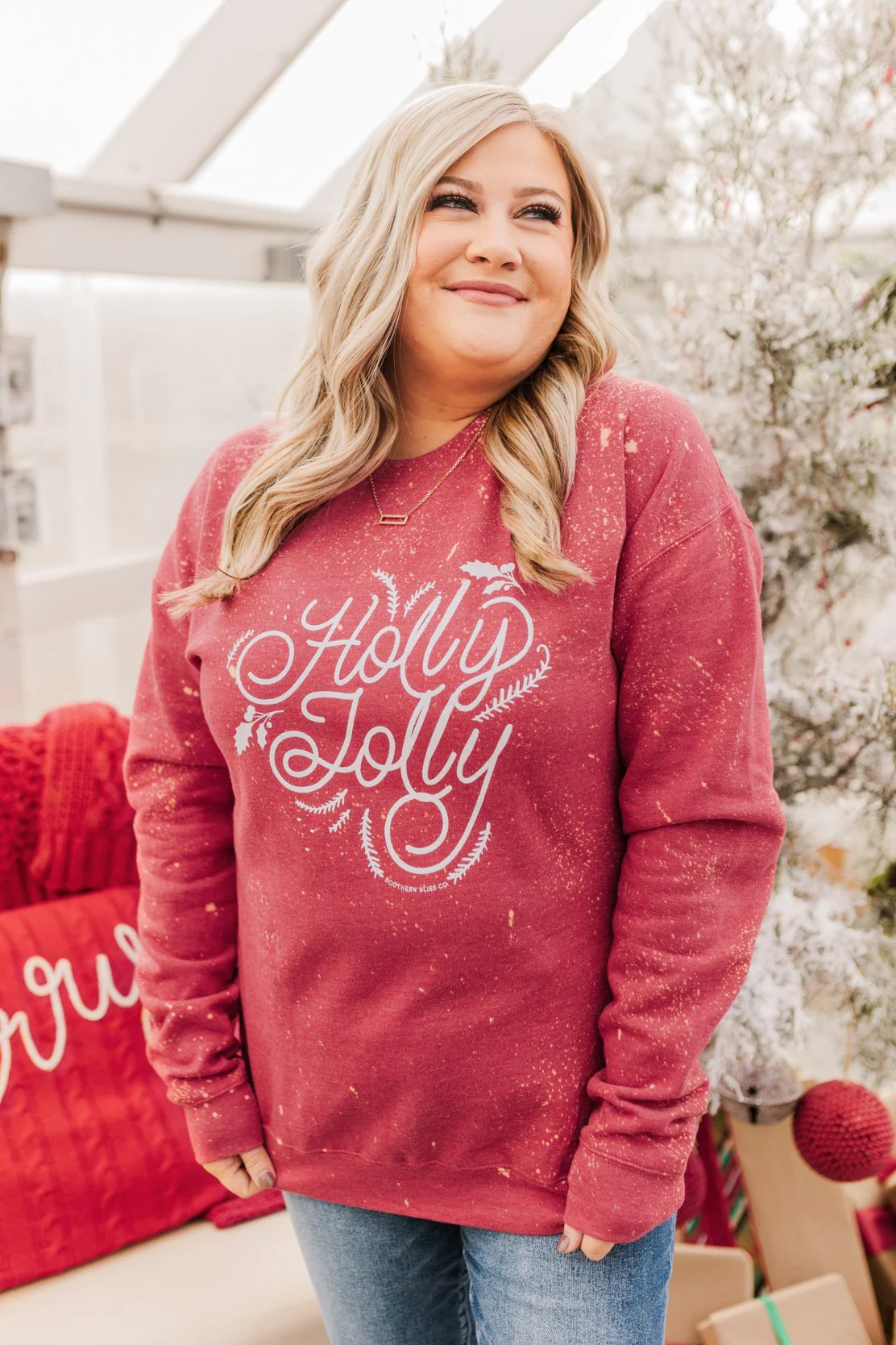 "Holly Jolly" Bleached Pullover- Red