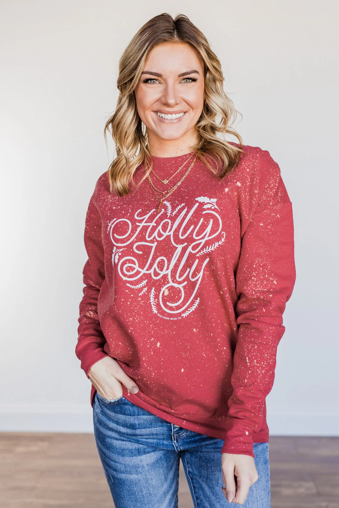 "Holly Jolly" Bleached Pullover- Red - Image 3