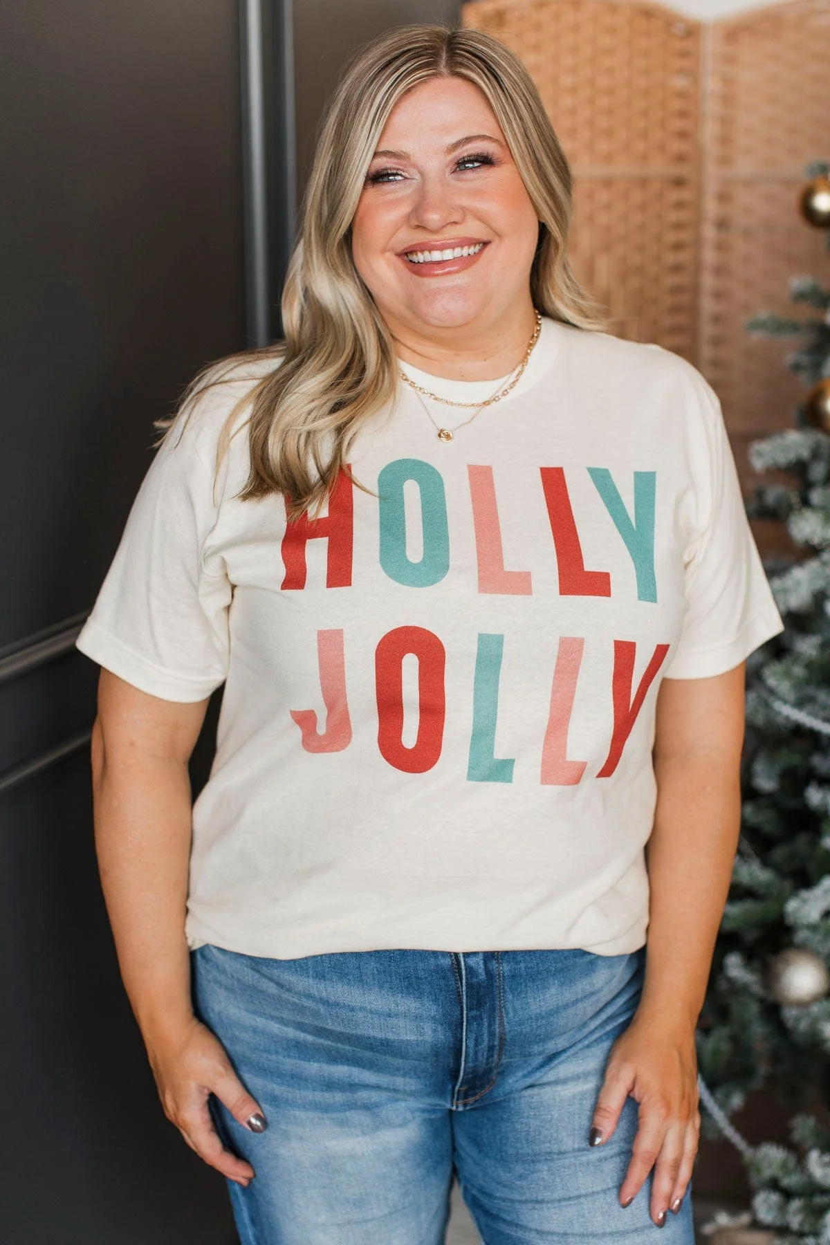 "Holly Jolly" Graphic Tee- Cream - Image 4