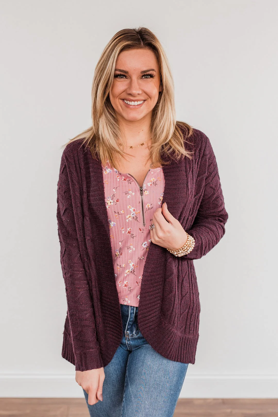 Home Is Where The Heart Is Knit Cardigan- Dark Plum - Image 3