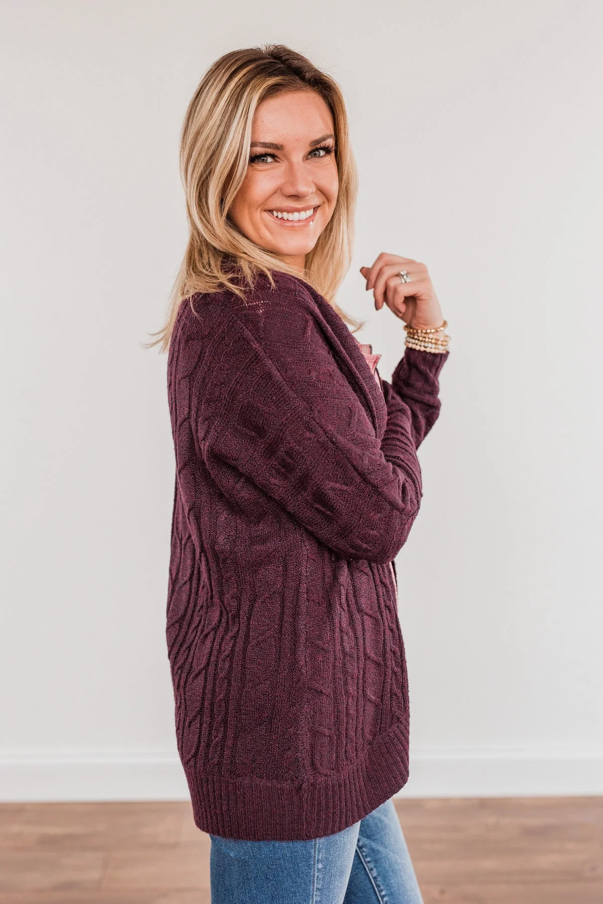 Home Is Where The Heart Is Knit Cardigan- Dark Plum - Image 5