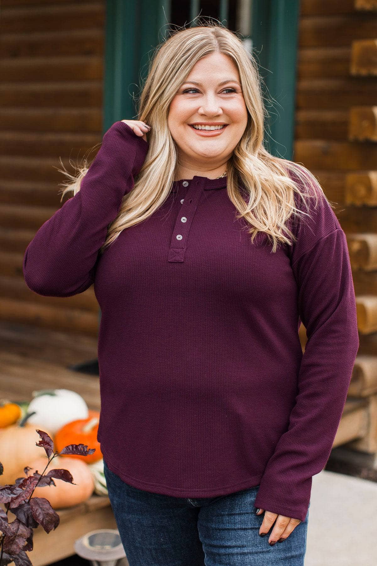 Honest Love Long Sleeve Henley Top- Plum - Image 2