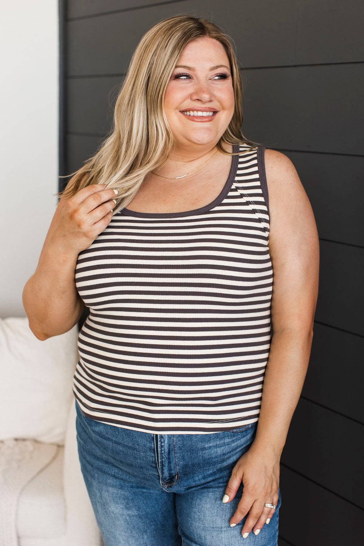 Honestly In Love Striped Tank Top- Charcoal - Image 2
