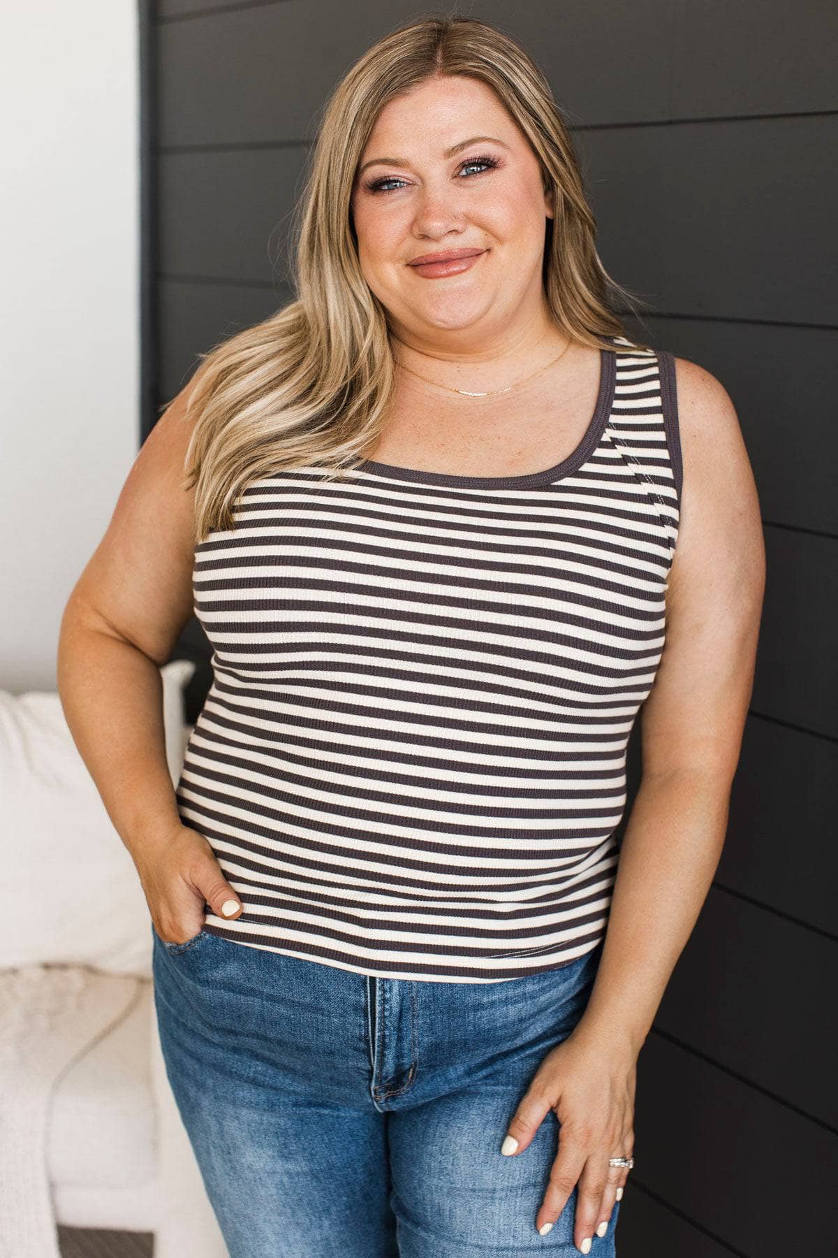 Honestly In Love Striped Tank Top- Charcoal - Image 4