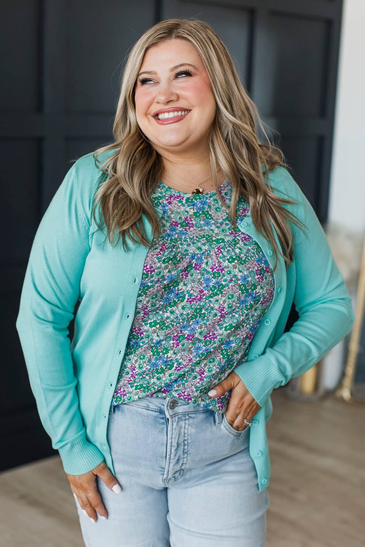 Honorable Choices Button Cardigan- Light Aqua - Image 3