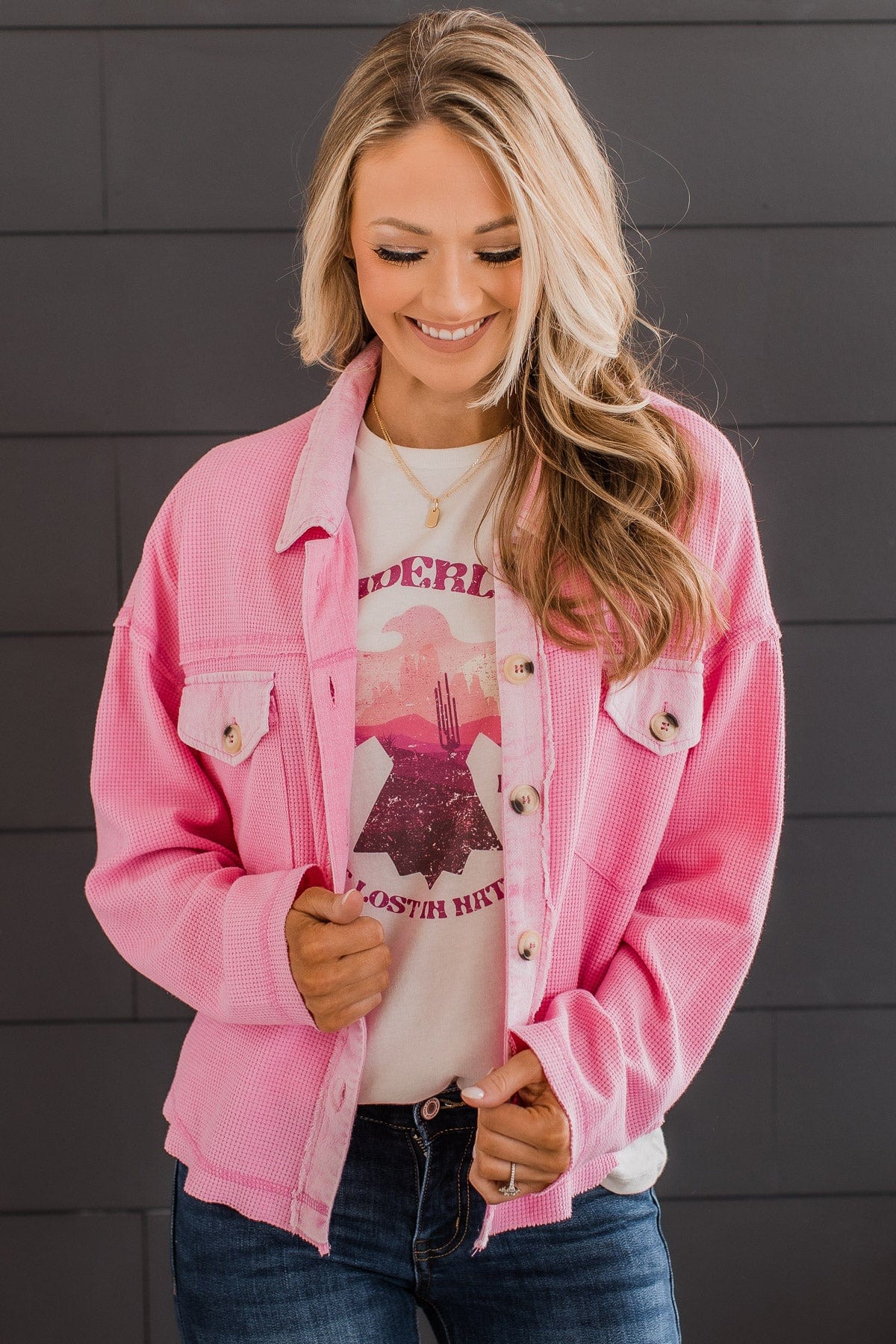 Honorable Mention Lightweight Button Top- Pink