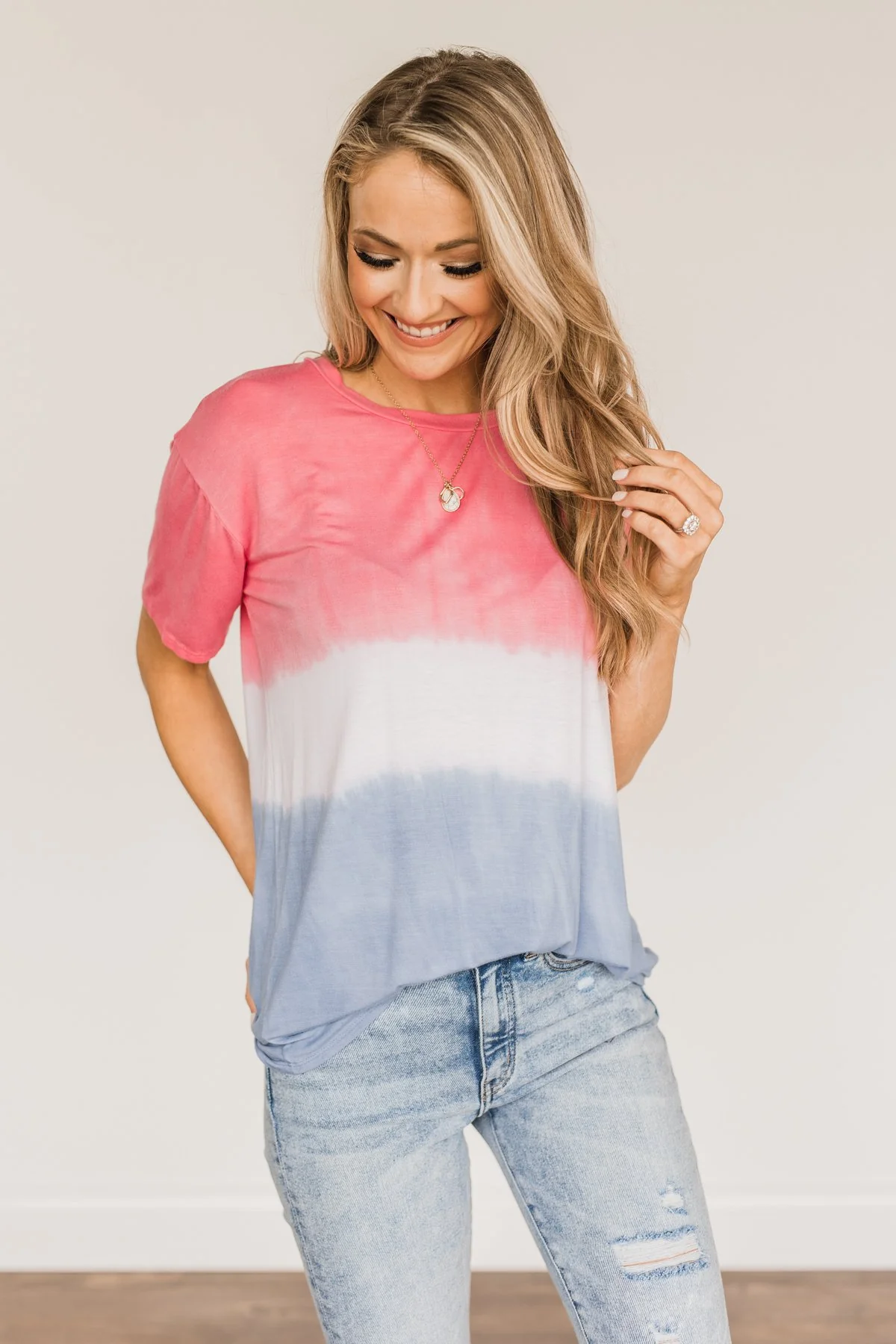 Honored & Inspired Tie-Dye Top- Red, Ivory & Blue - Image 2