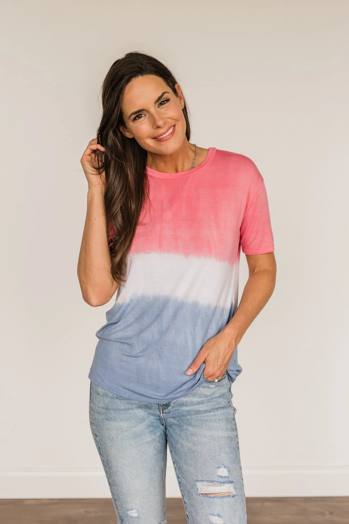 Honored & Inspired Tie-Dye Top- Red, Ivory & Blue - Image 6