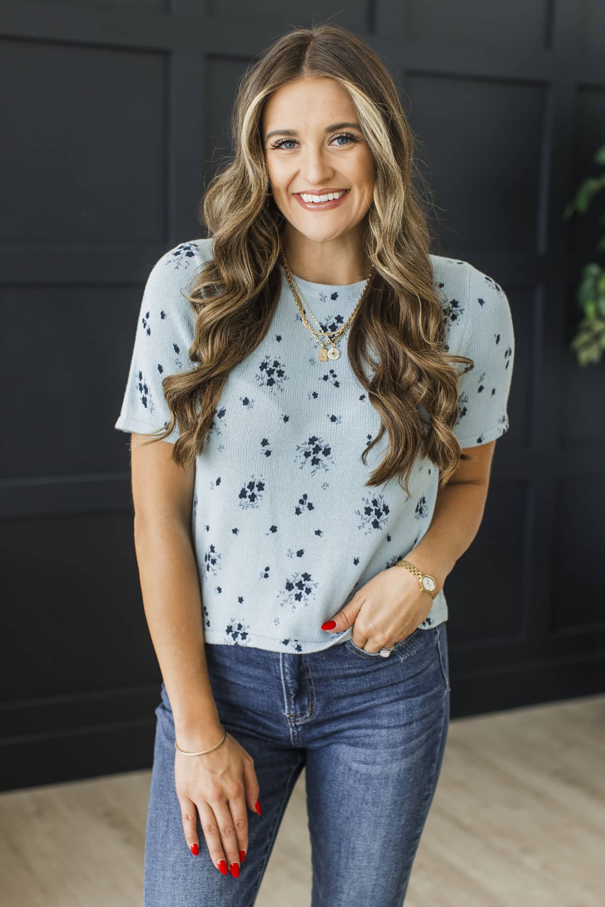 Hope Blooms Here Short Sleeve Knit Top- Light Blue - Image 2