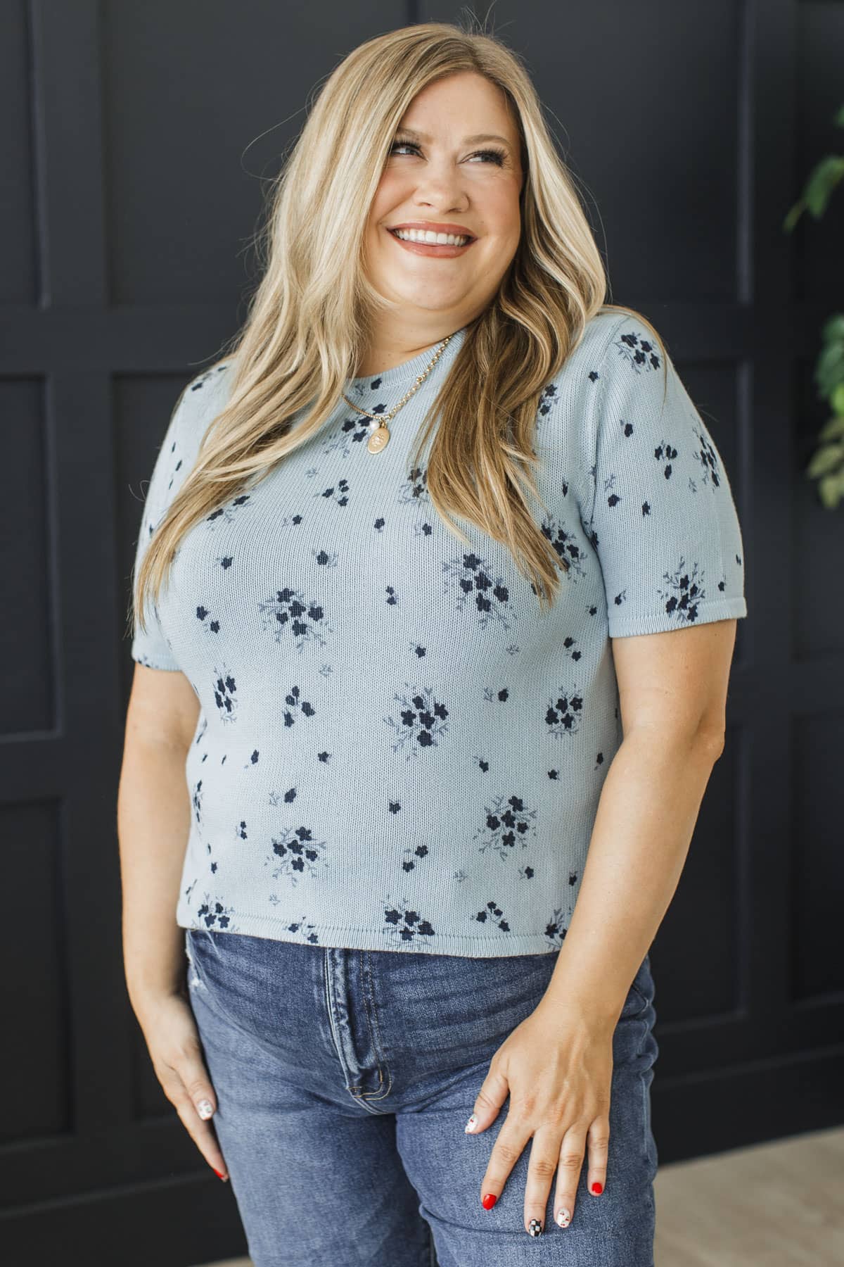 Hope Blooms Here Short Sleeve Knit Top- Light Blue - Image 3