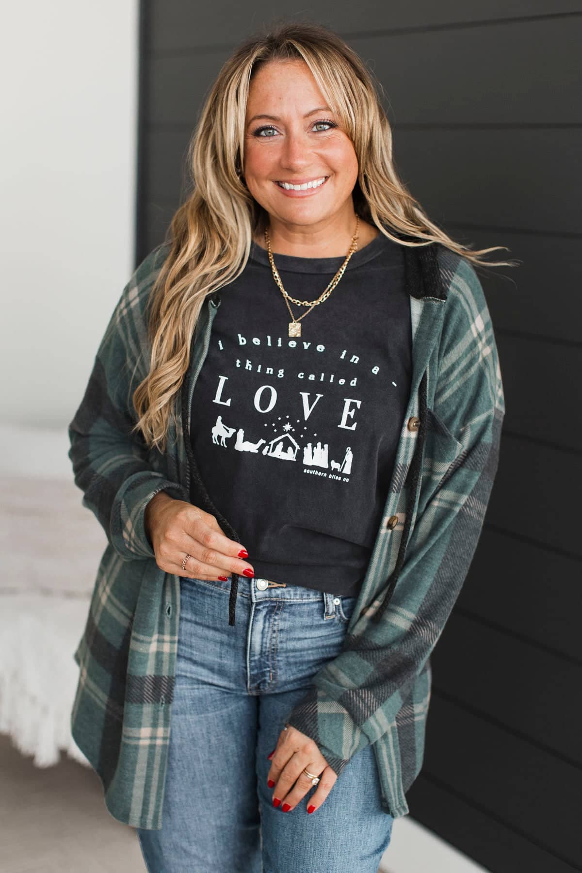Hopeful Smiles Hooded Plaid Button Top- Dusty Jade & Black - Image 2