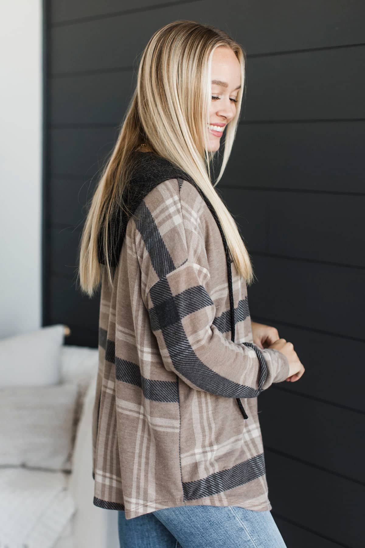 Hopeful Smiles Hooded Plaid Button Top- Mocha & Black - Image 5