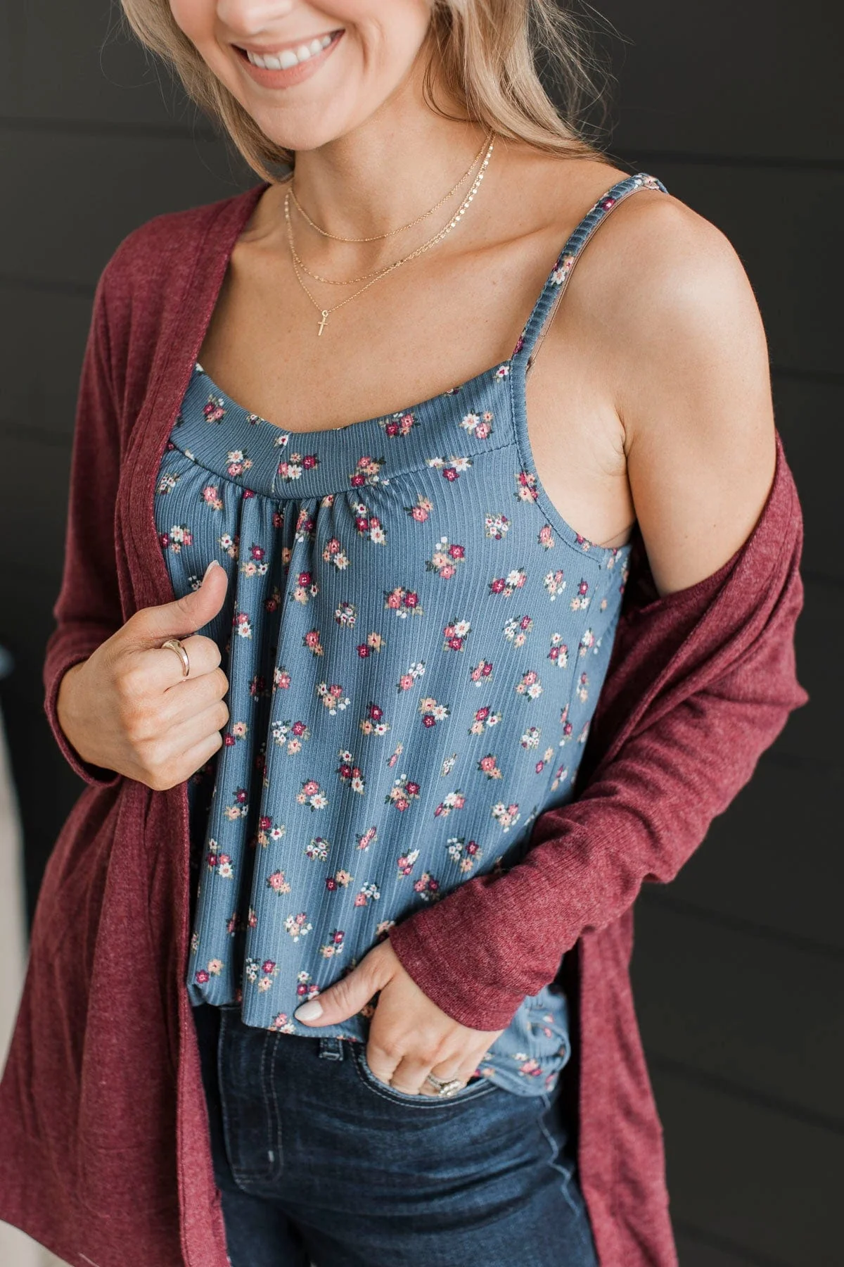 Hopelessly Yours Floral Tank Top- Denim Blue