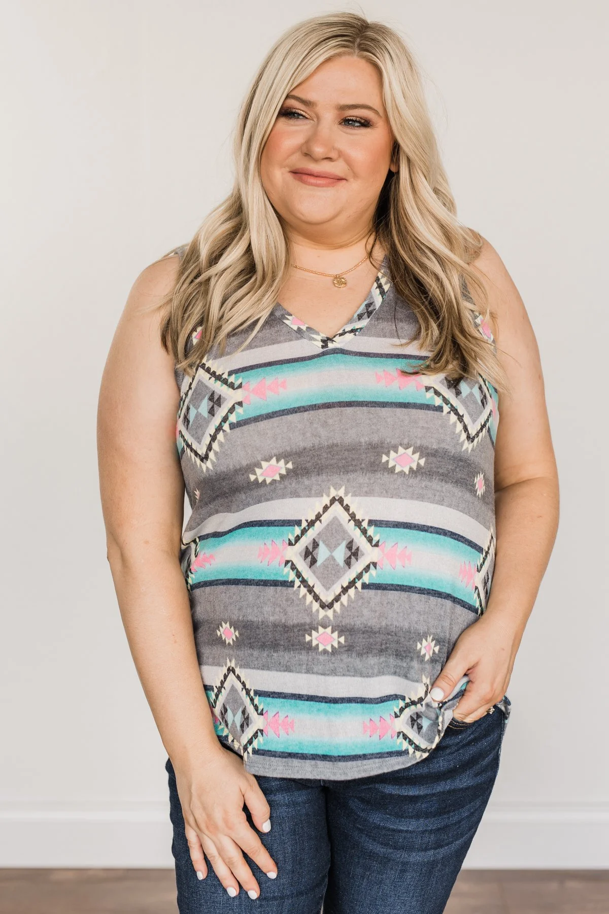 Hoping For The Best Aztec Tank Top- Grey & Mint Blue - Image 5
