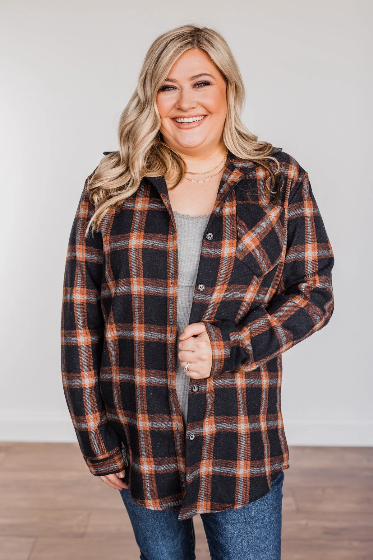 Hot Cocoa Dreams Plaid Flannel- Navy & Orange - Image 3