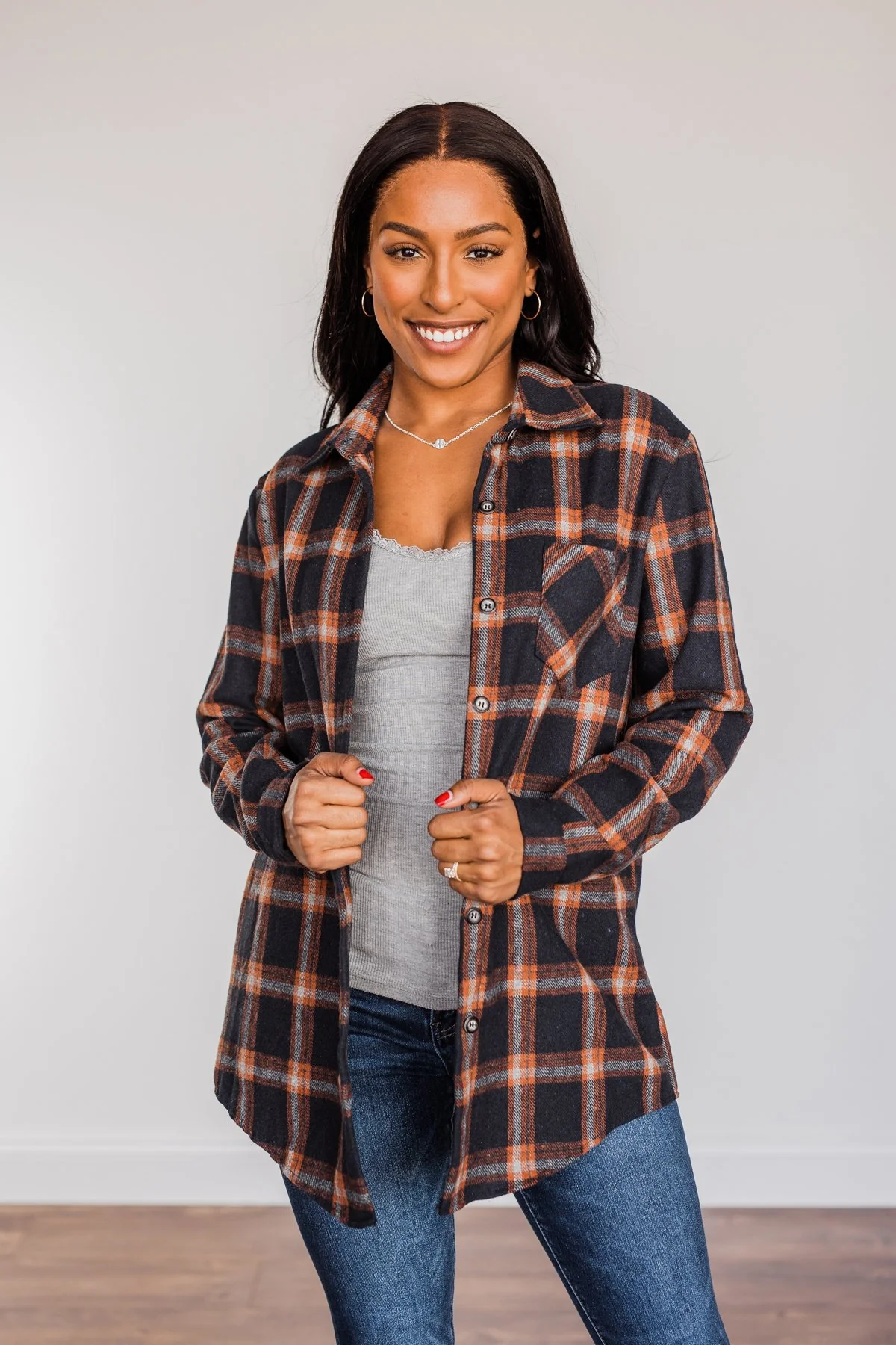 Hot Cocoa Dreams Plaid Flannel- Navy & Orange - Image 4