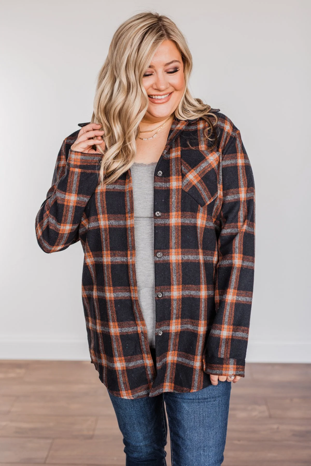 Hot Cocoa Dreams Plaid Flannel- Navy & Orange - Image 9