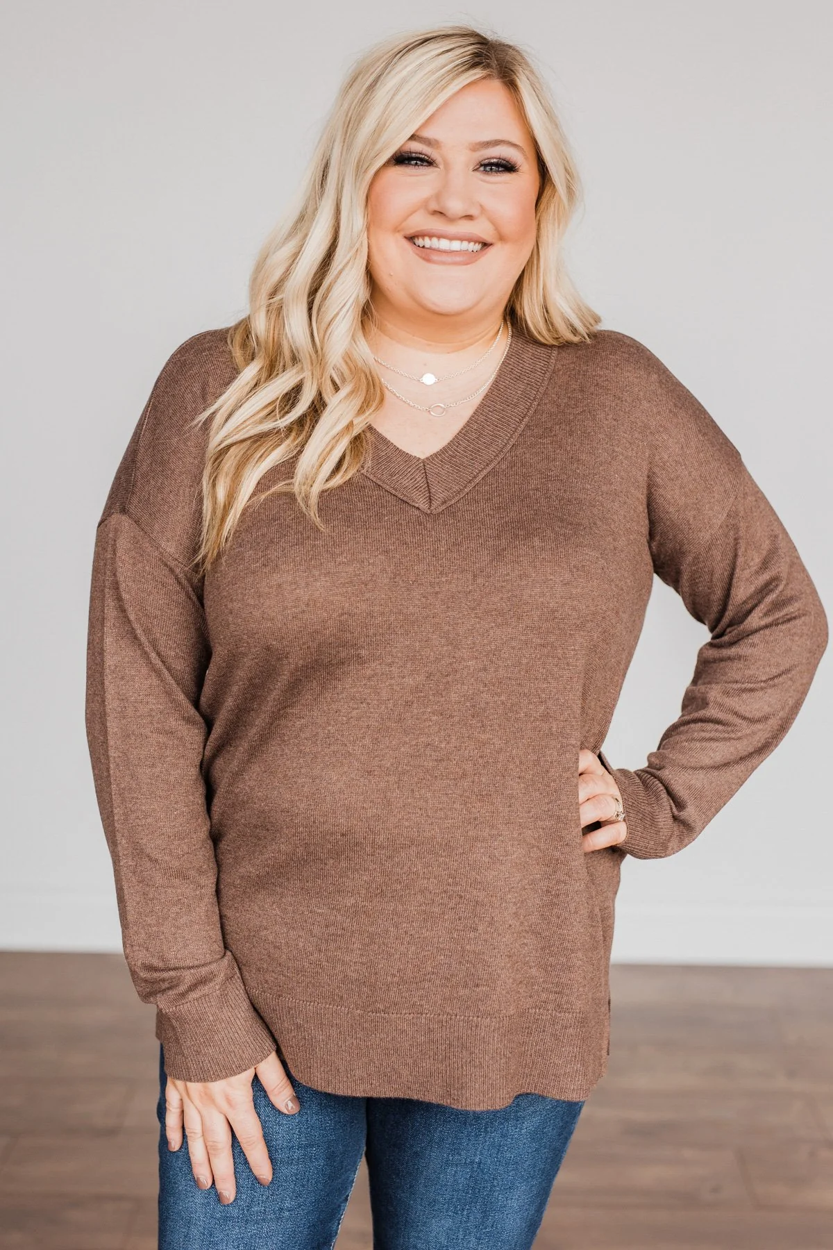 Hot Cocoa Heaven V-Neck Sweater- Dark Mocha - Image 3