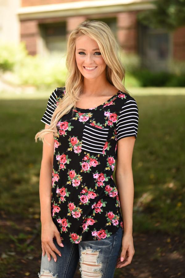 House Party Floral Pocket Top ~ Black