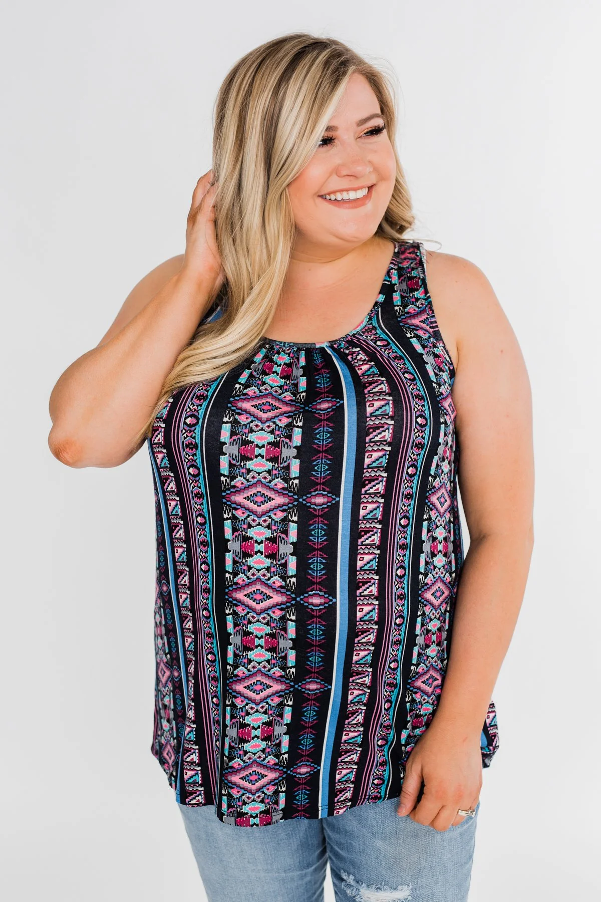 How About Now Printed Zipper Tank Top- Blue Tones - Image 11
