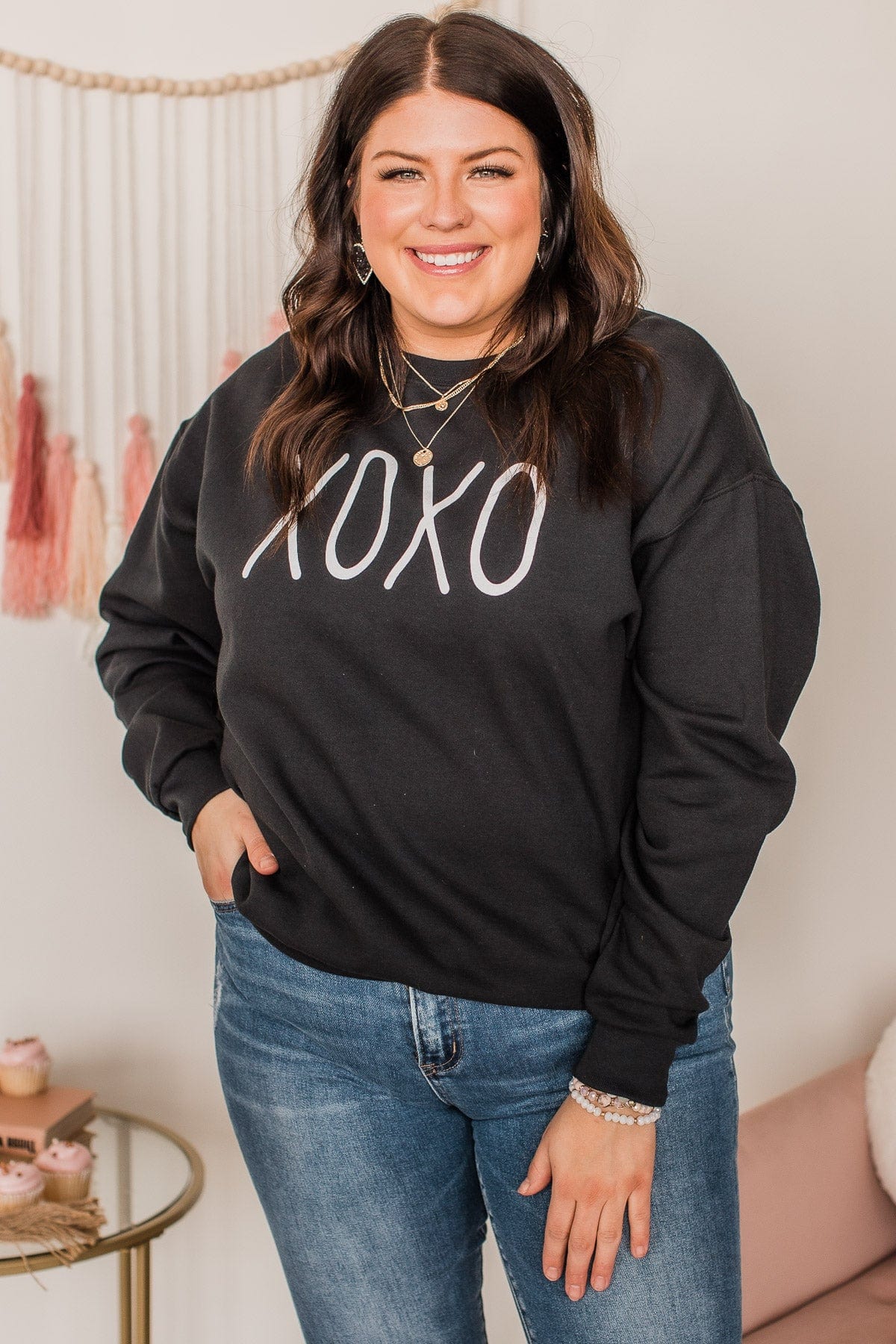 Hugs & Kisses "XOXO" Graphic Pullover- Black - Image 2