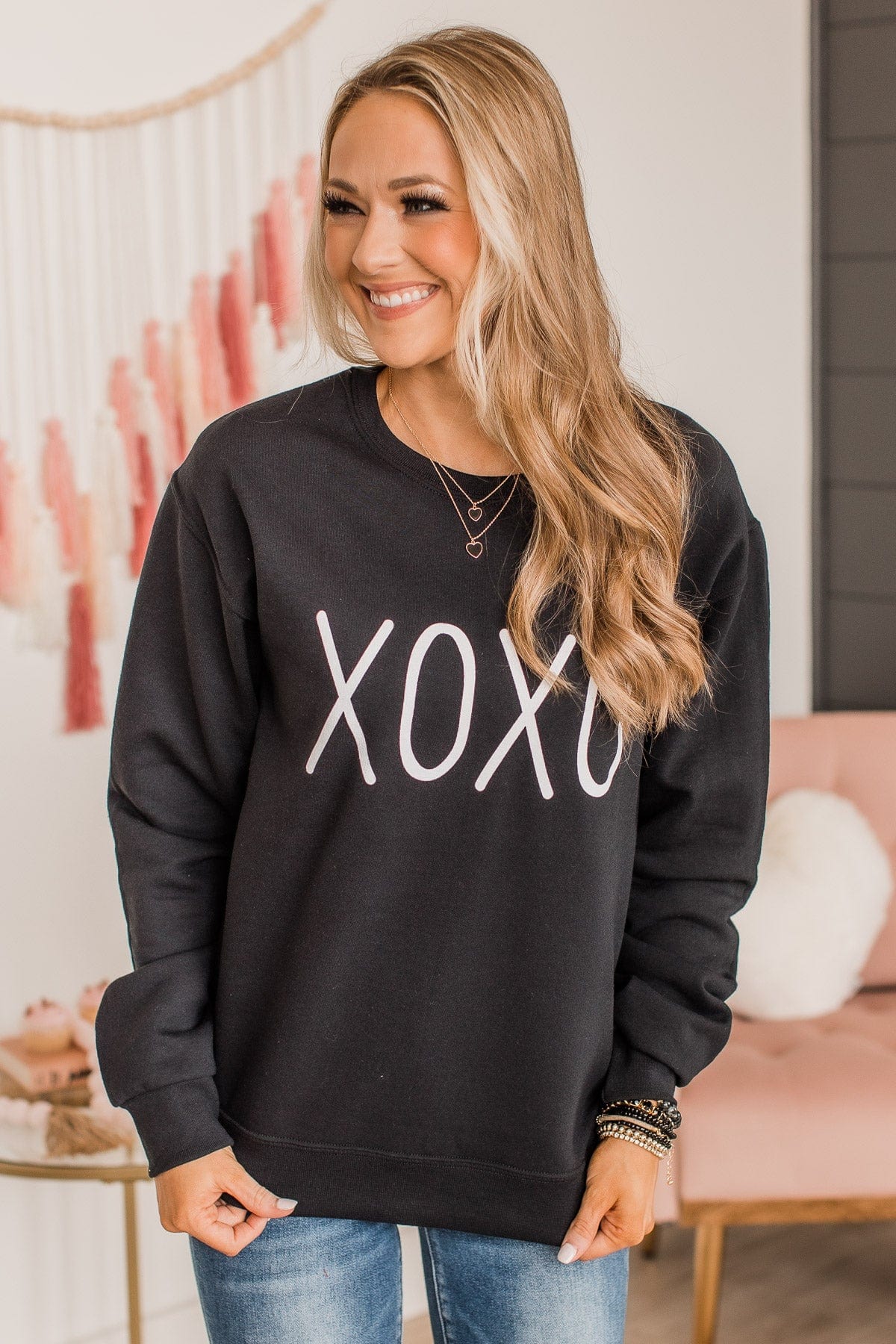 Hugs & Kisses "XOXO" Graphic Pullover- Black - Image 4