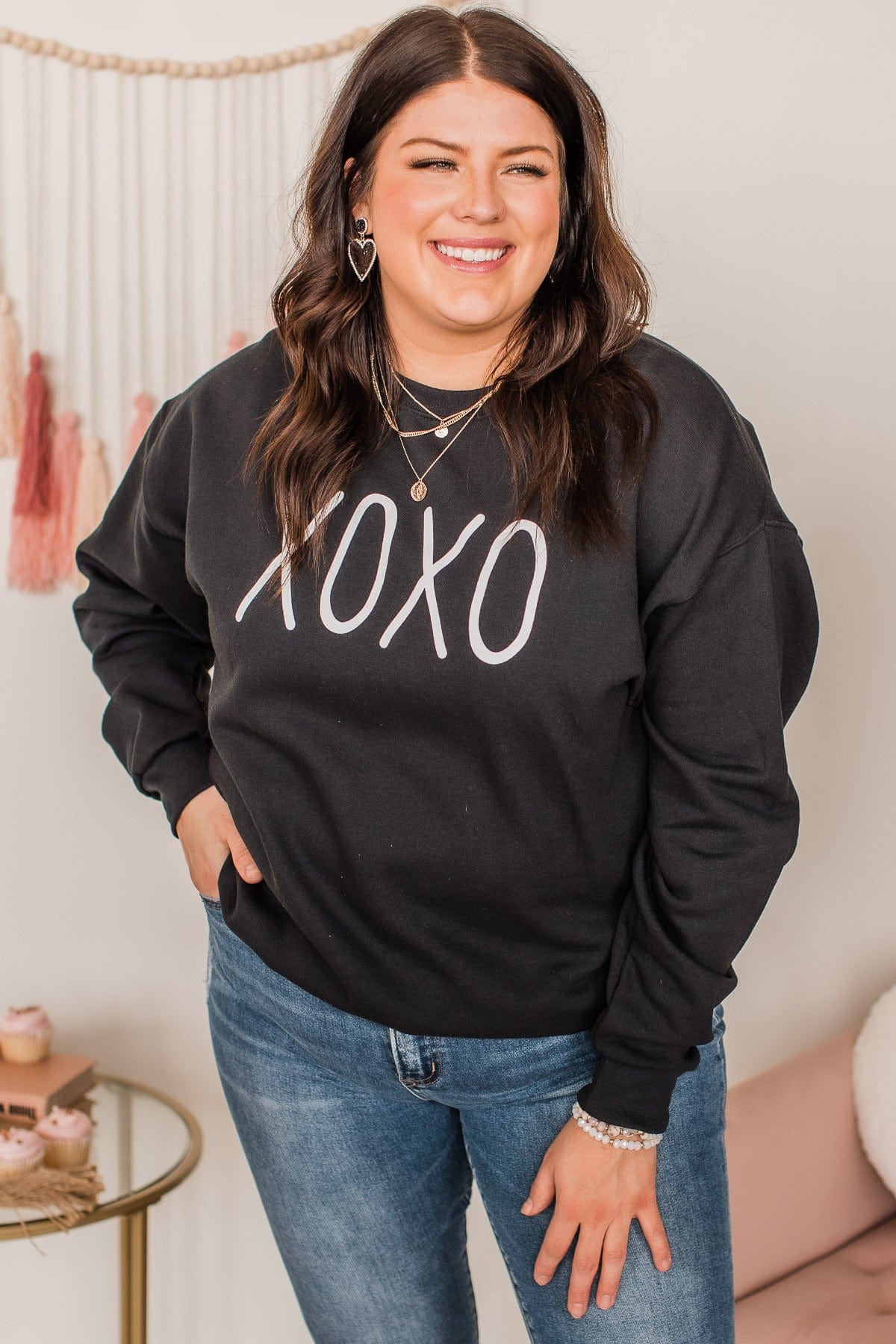 Hugs & Kisses "XOXO" Graphic Pullover- Black - Image 5