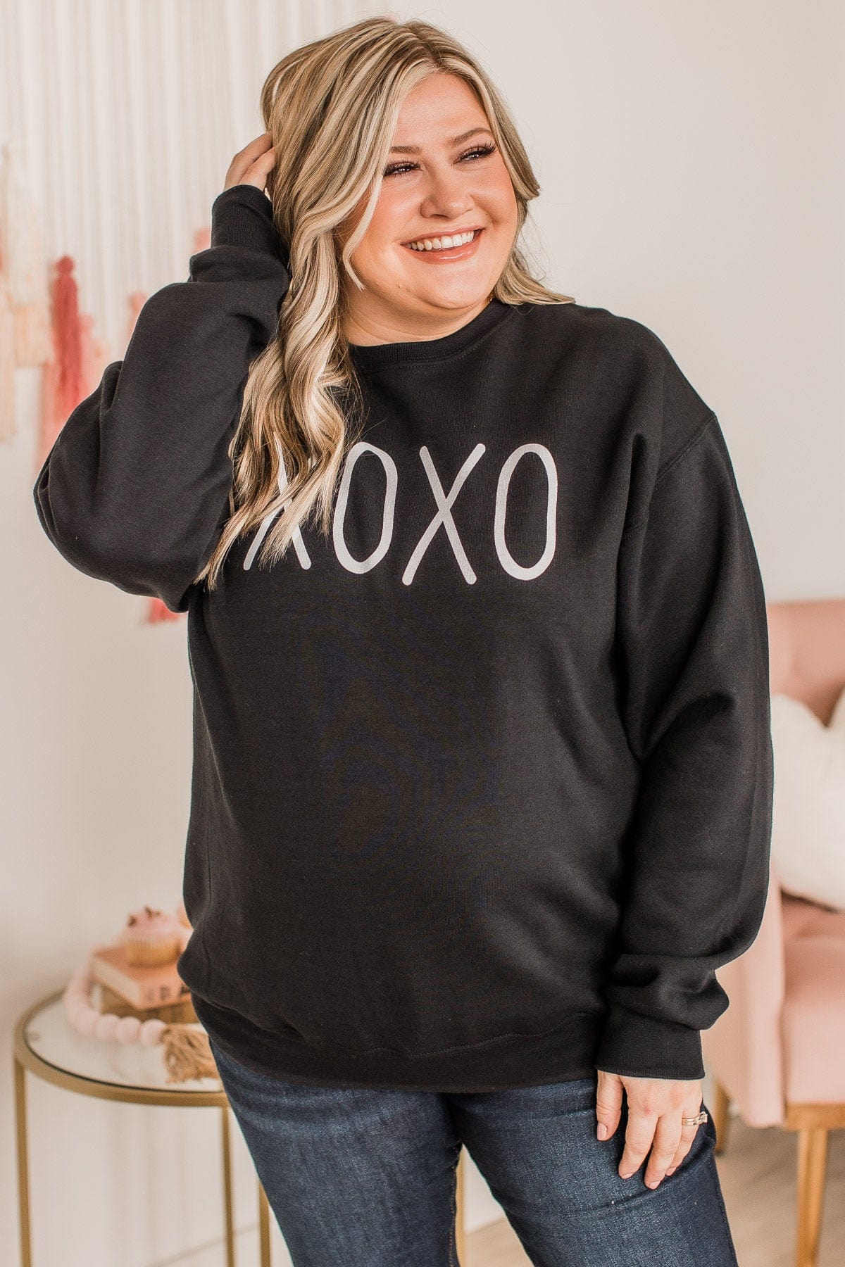 Hugs & Kisses "XOXO" Graphic Pullover- Black - Image 6