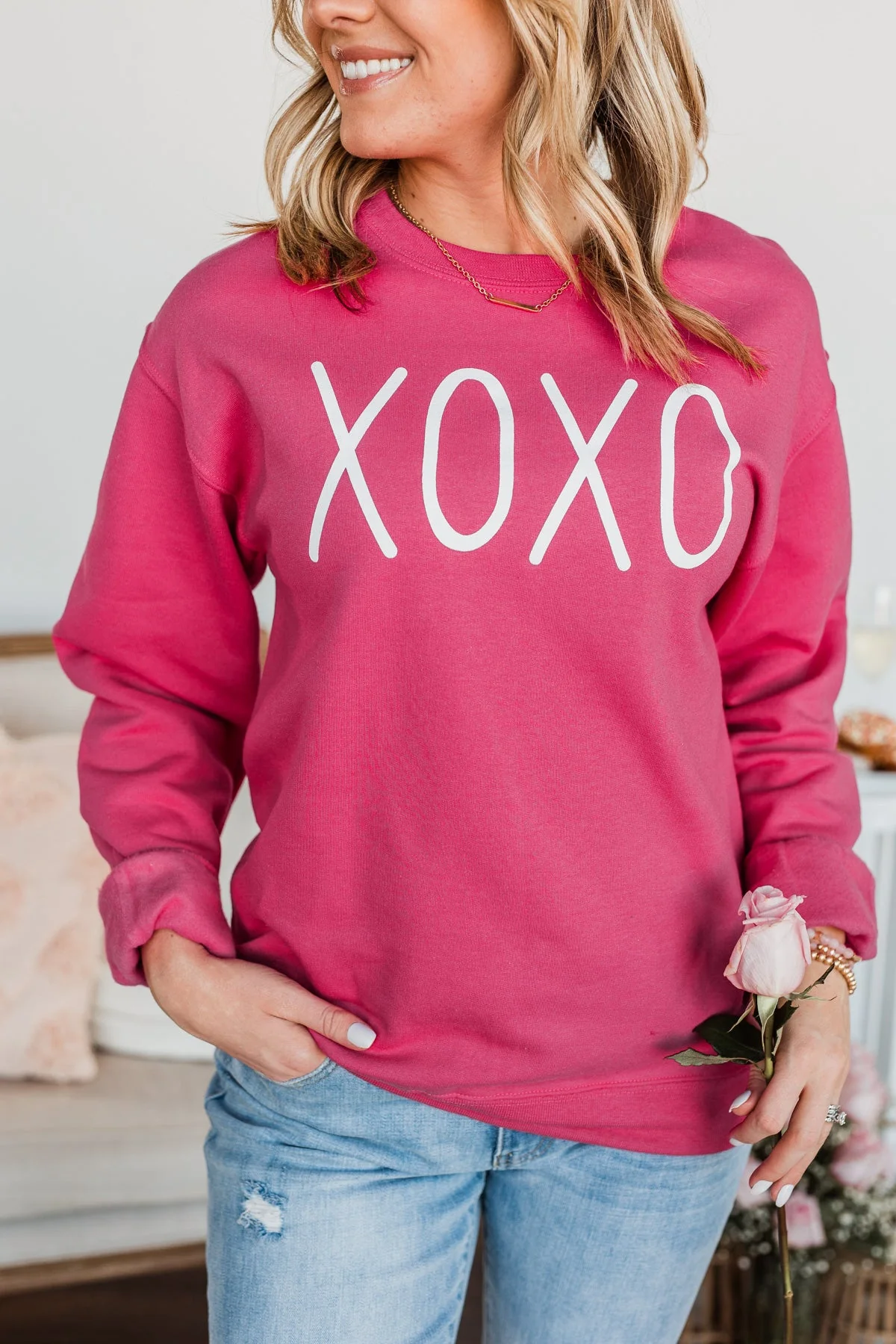 Hugs & Kisses "XOXO" Graphic Pullover- Hot Pink - Image 2