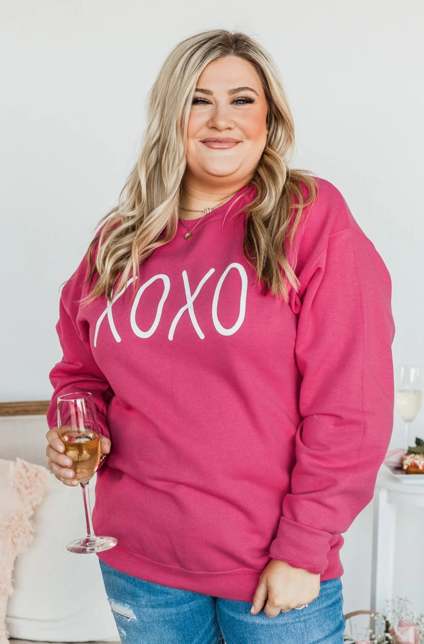 Hugs & Kisses "XOXO" Graphic Pullover- Hot Pink - Image 3
