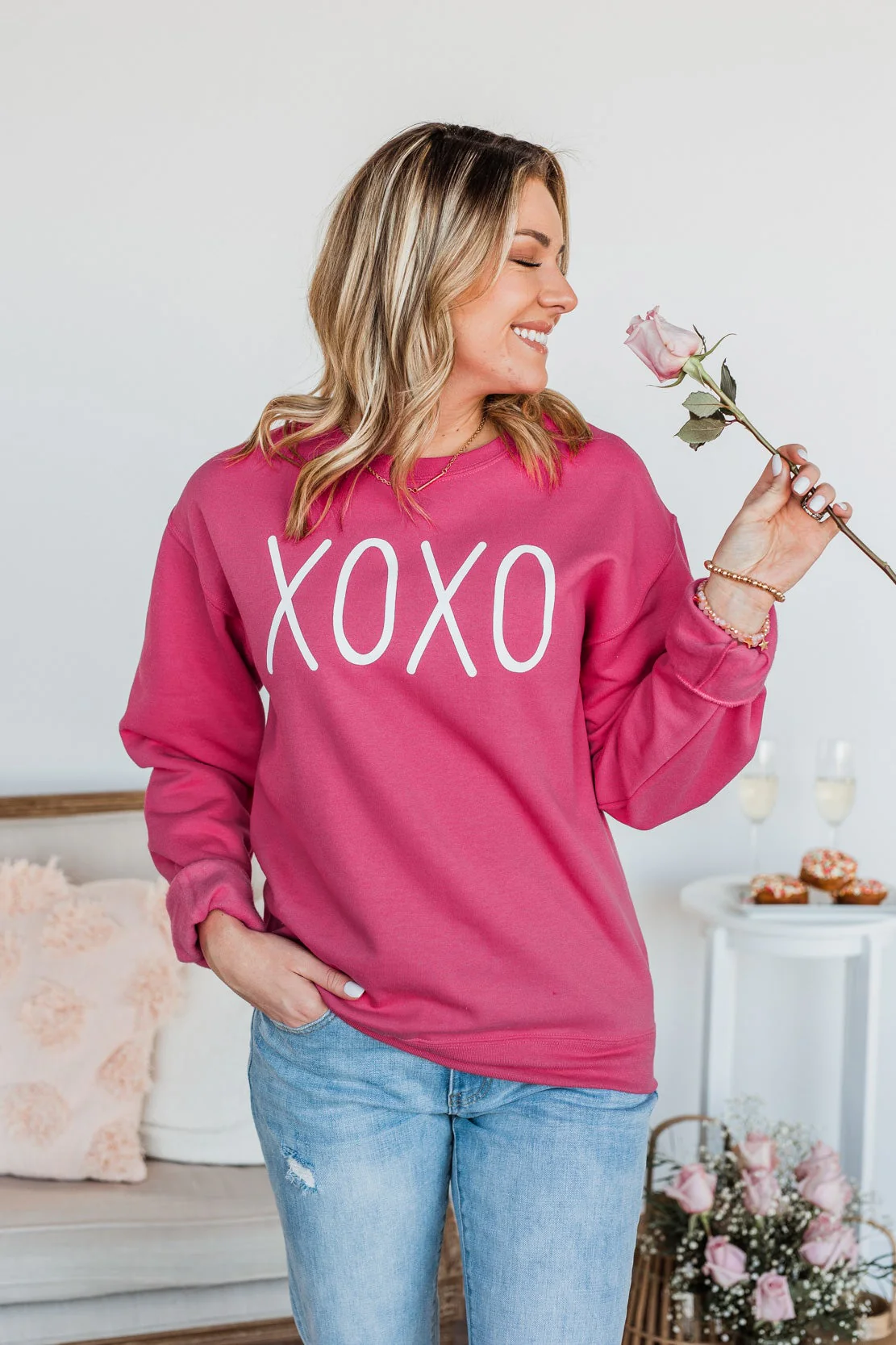 Hugs & Kisses "XOXO" Graphic Pullover- Hot Pink - Image 4