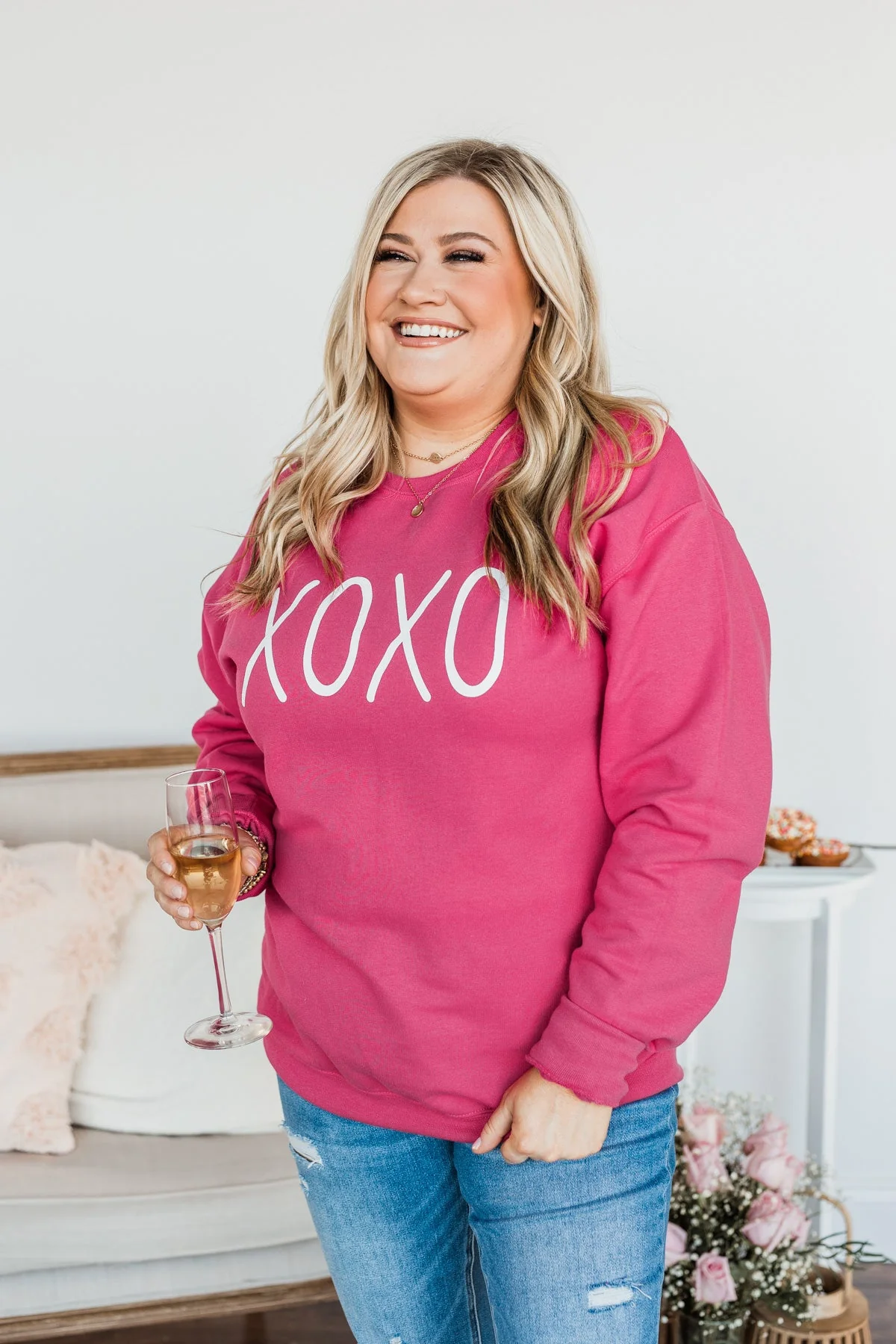 Hugs & Kisses "XOXO" Graphic Pullover- Hot Pink - Image 5