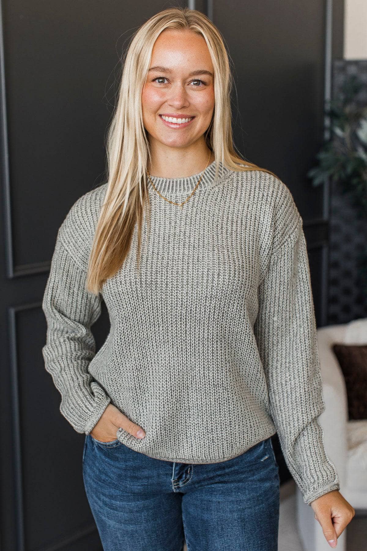 Humor Me Two-Tone Knit Sweater- Light Grey - Image 3