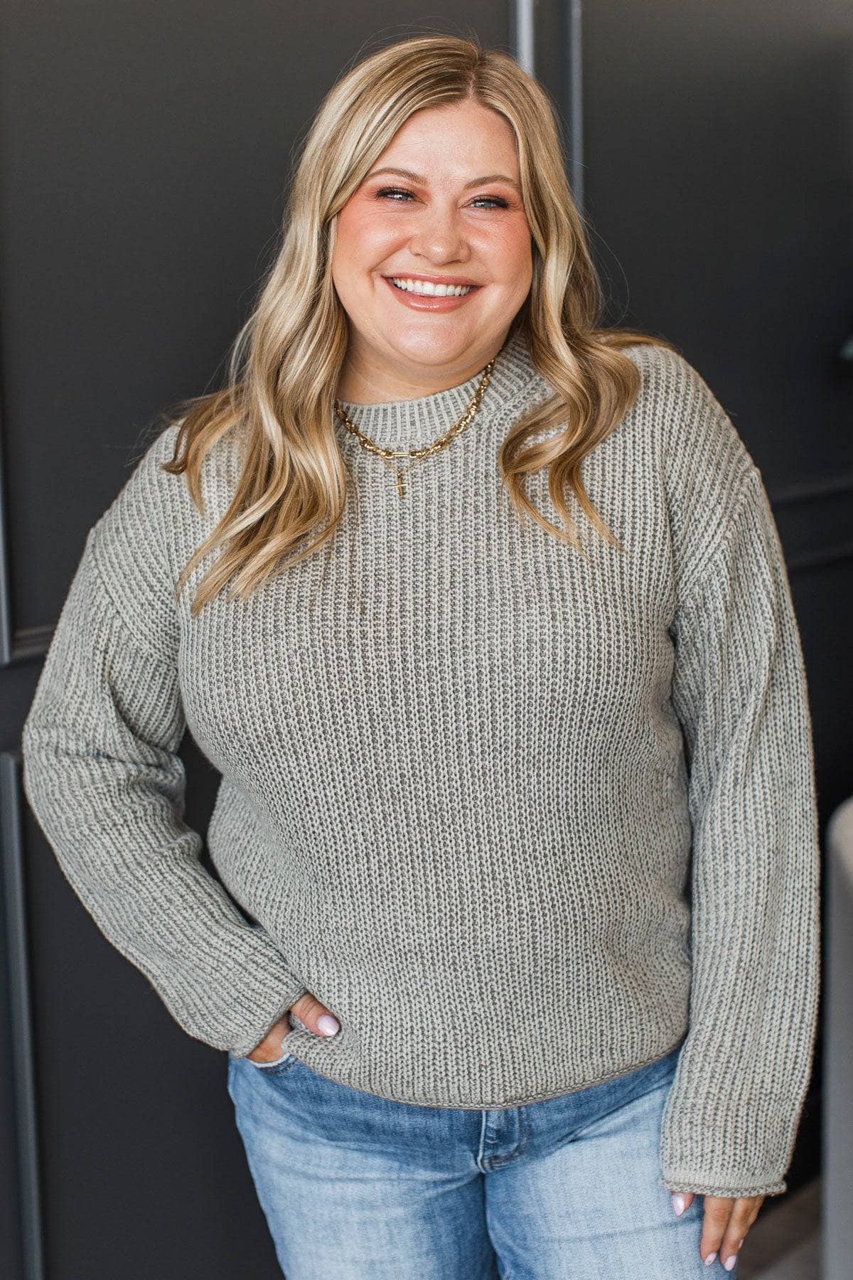 Humor Me Two-Tone Knit Sweater- Light Grey - Image 4