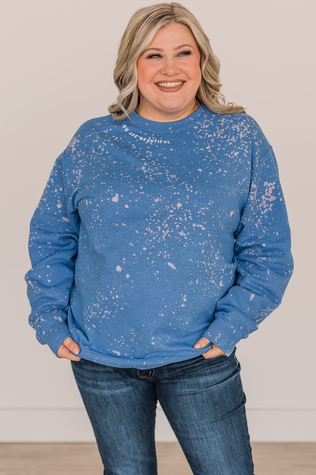 "You Are Beautiful" Bleached Crew Neck- Royal Blue - Image 3