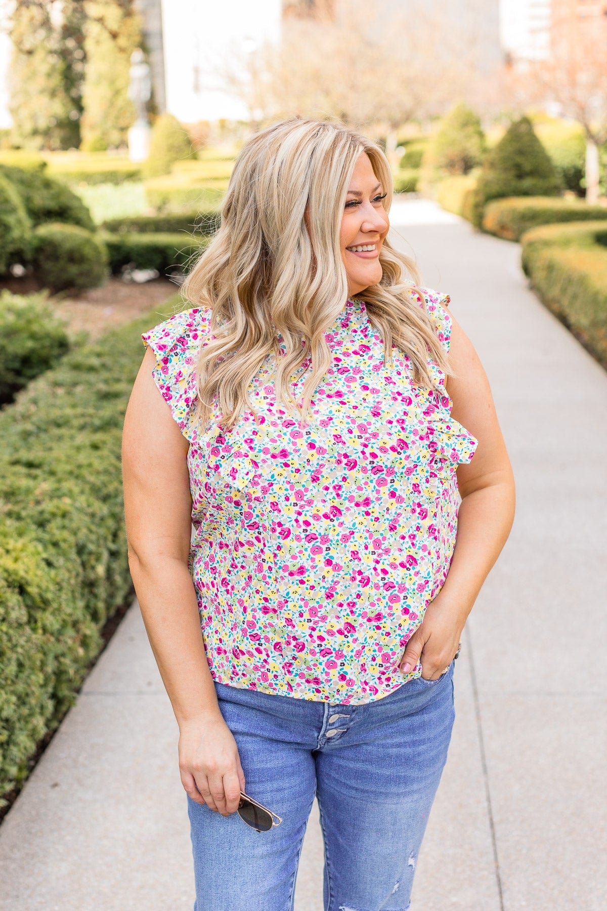 I Know The Way Ruffle Sleeve Blouse- White & Pink - Image 3