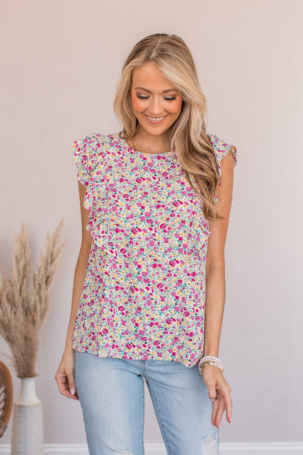 I Know The Way Ruffle Sleeve Blouse- White & Pink - Image 4