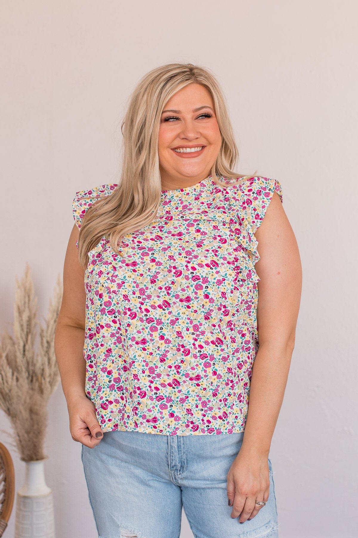 I Know The Way Ruffle Sleeve Blouse- White & Pink - Image 5