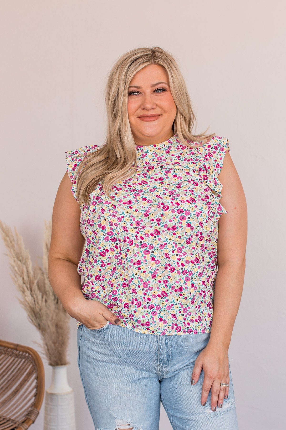 I Know The Way Ruffle Sleeve Blouse- White & Pink - Image 6
