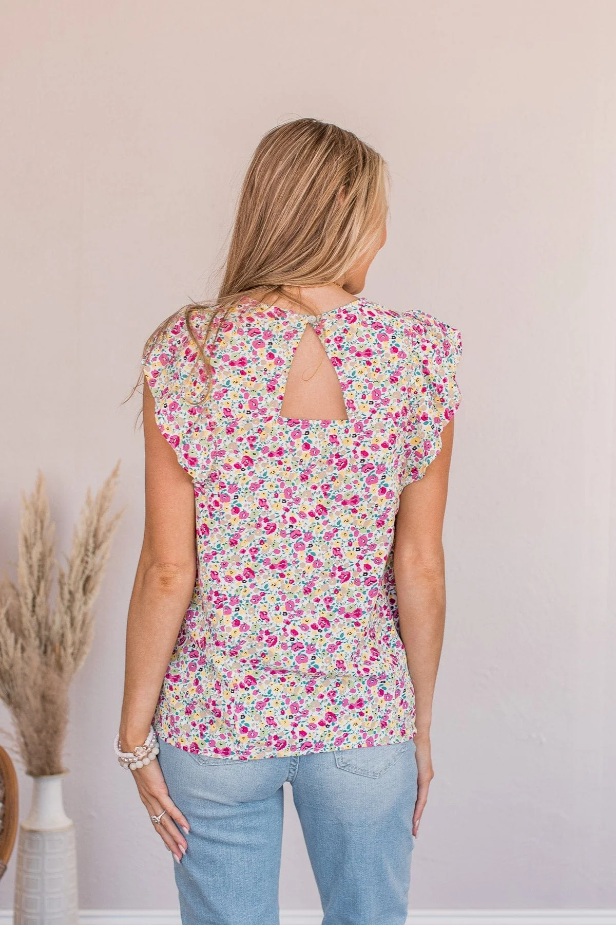 I Know The Way Ruffle Sleeve Blouse- White & Pink - Image 9
