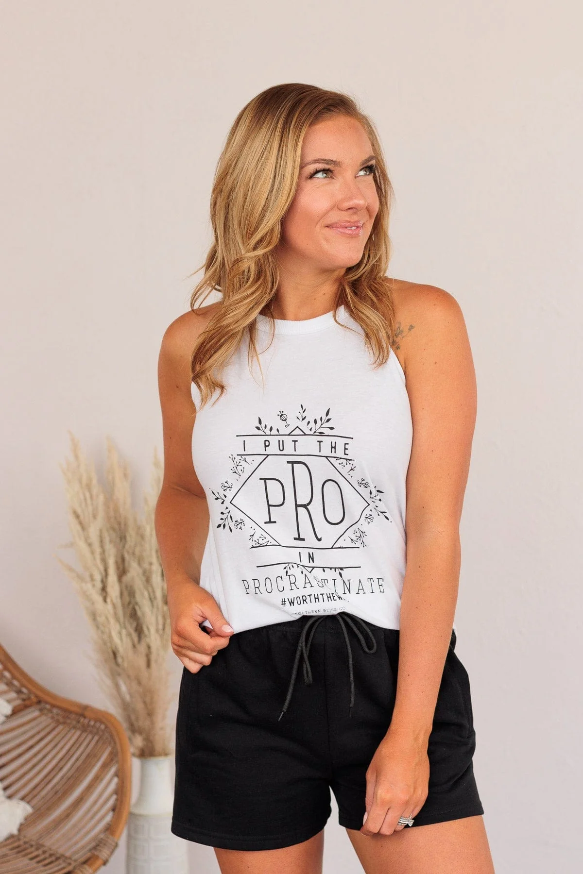 "I Put The Pro In Procrastinate" Graphic Tank Top- White - Image 14