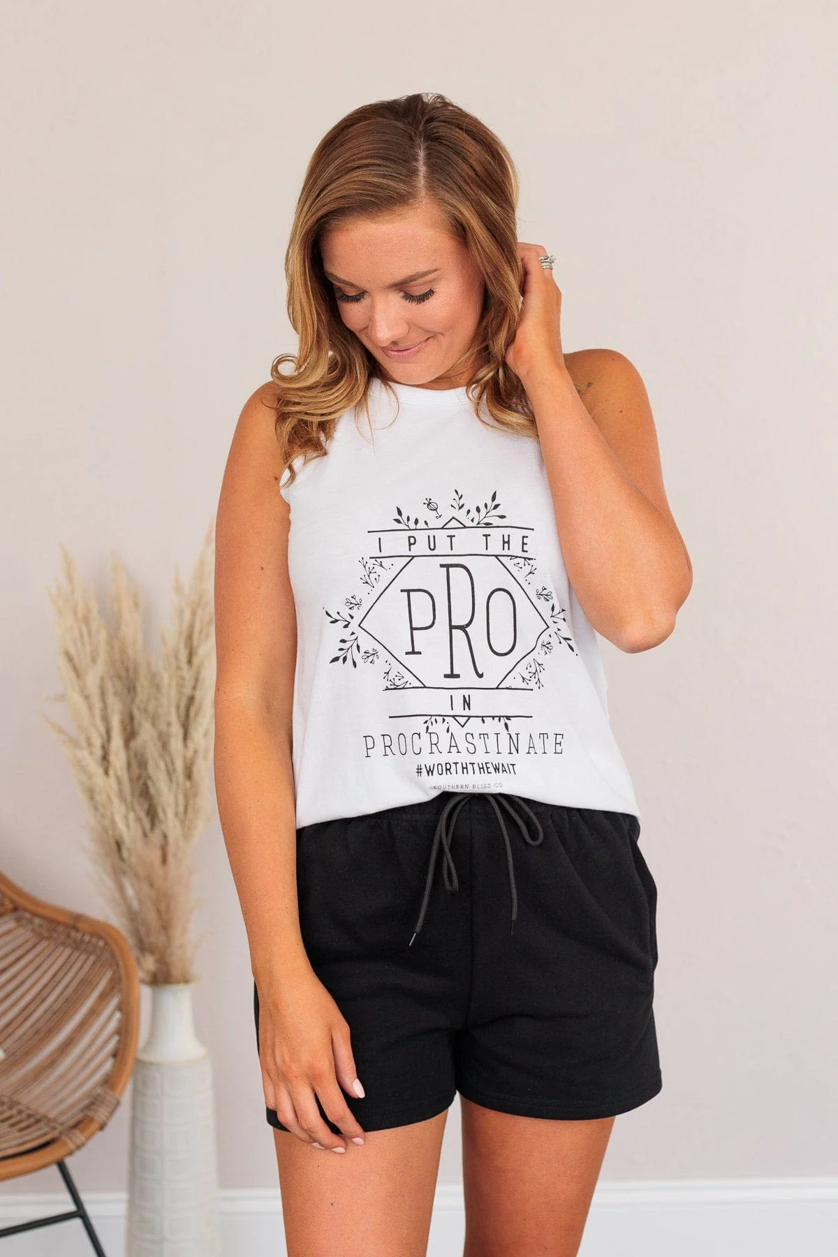 "I Put The Pro In Procrastinate" Graphic Tank Top- White - Image 16